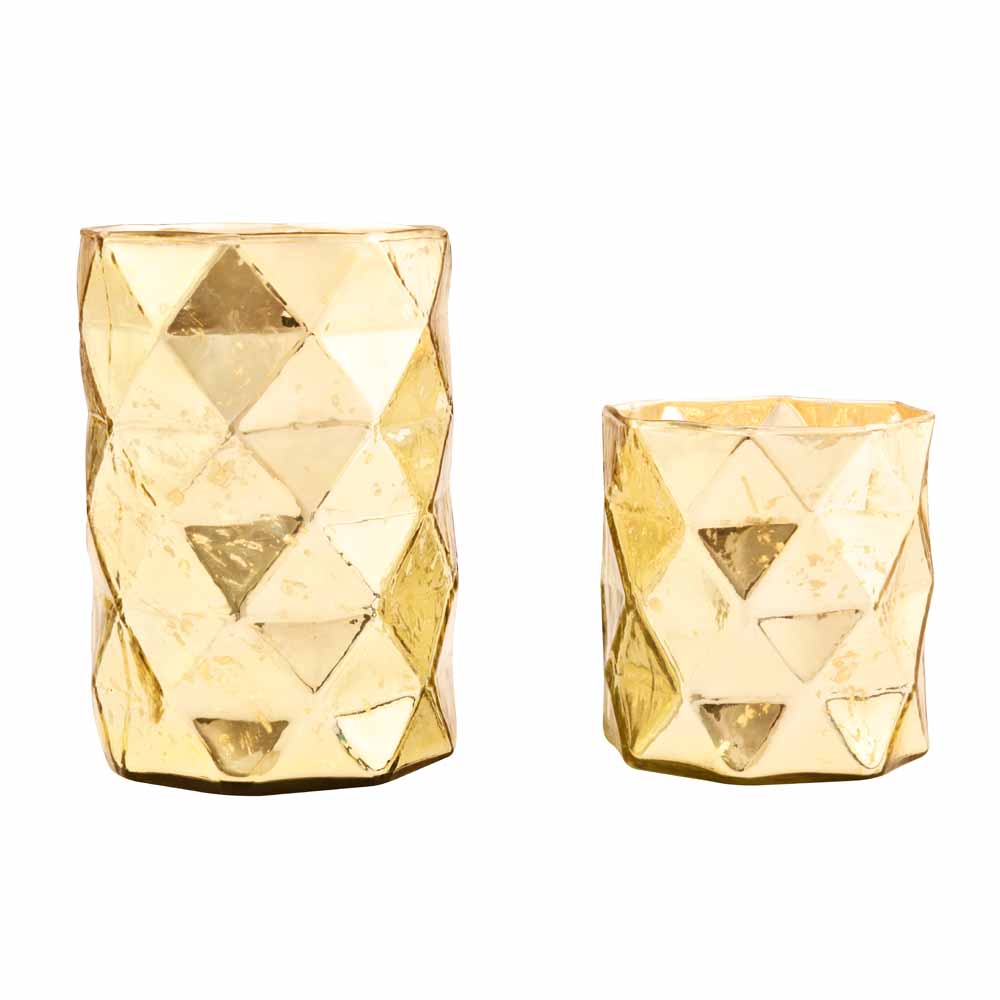 Cylindric Diamond Glass Candle Holder Set of 2- Gold