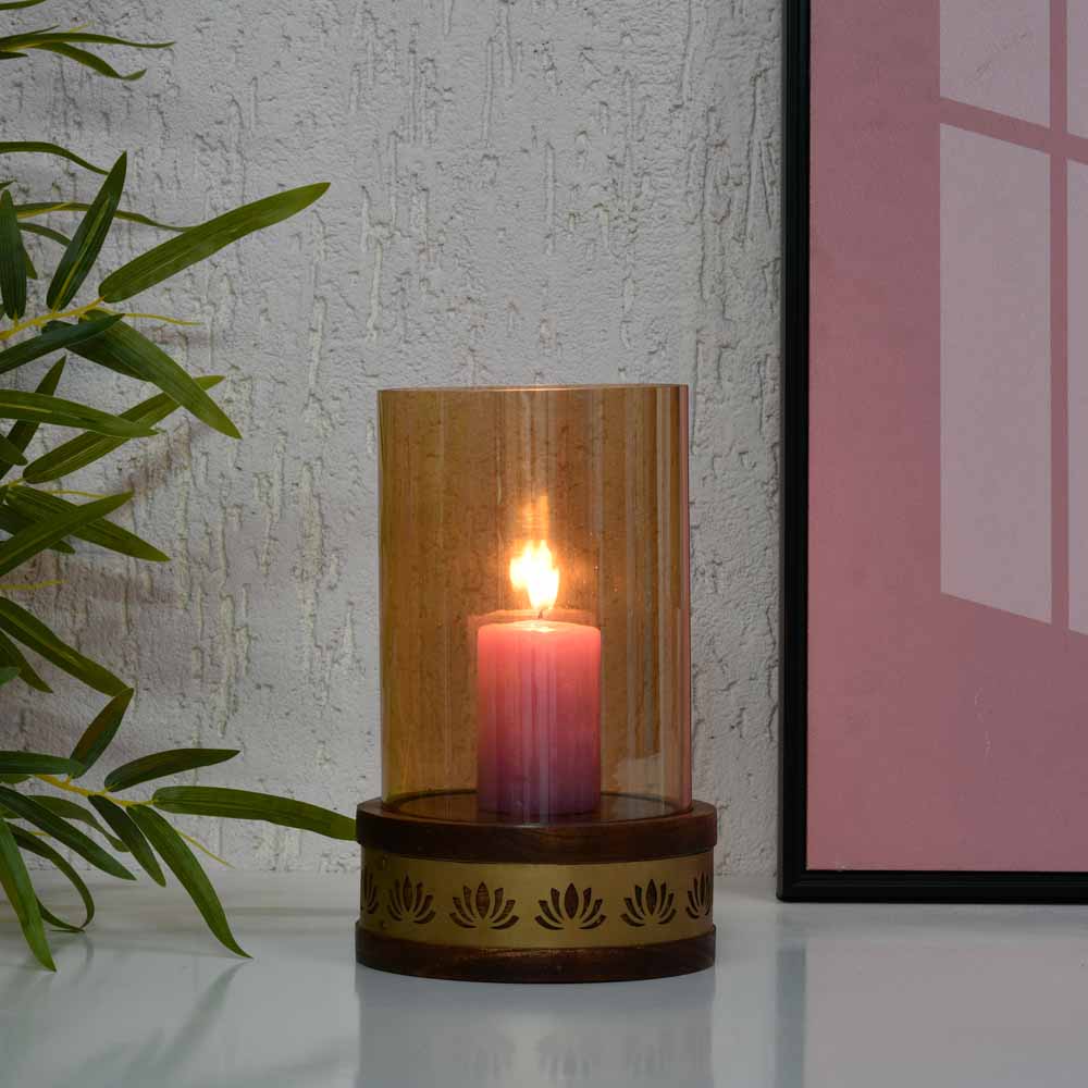 Lotus Jali Metal & Glass Candle Holder (Gold)