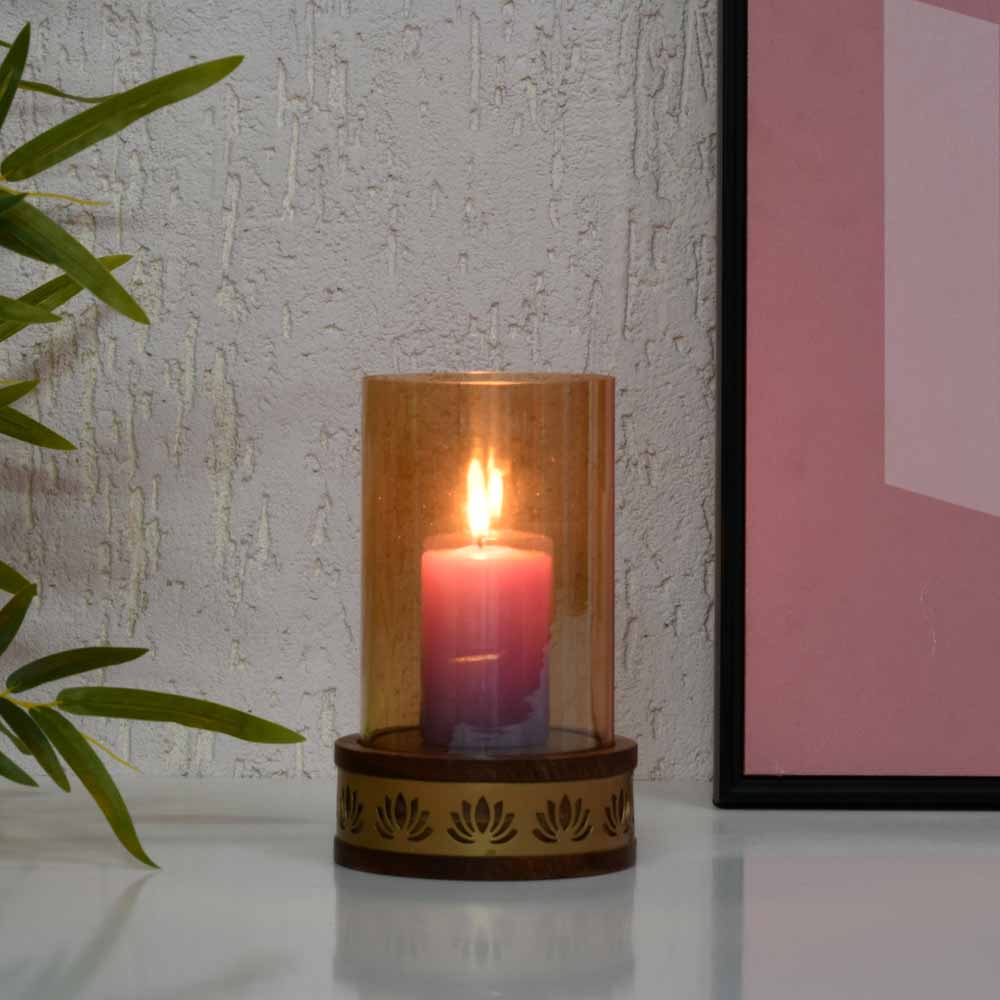 Lotus Jali Metal & Glass Small Candle Holder (Gold)