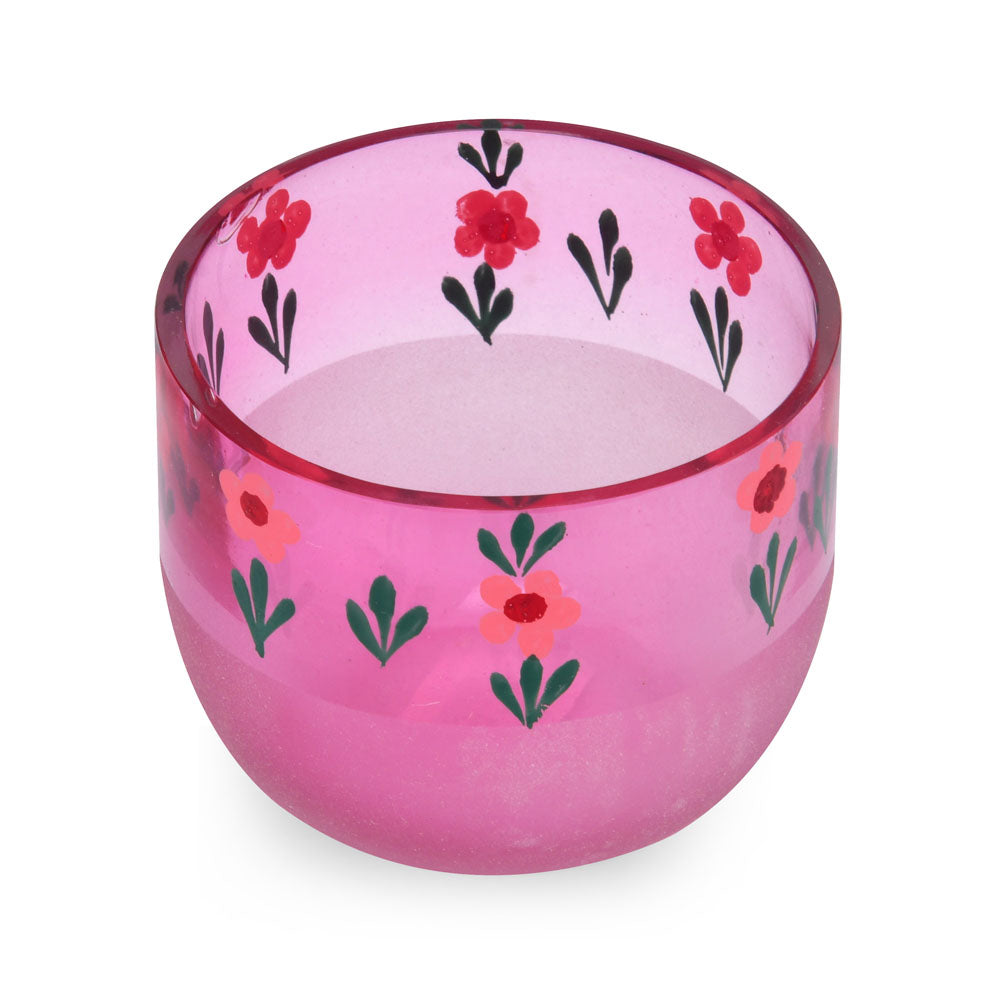 Hand-Painted Floral Glass Votive Candle Holder- Pink