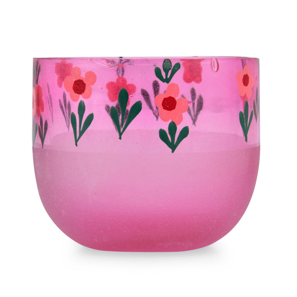 Hand-Painted Floral Glass Votive Candle Holder- Pink