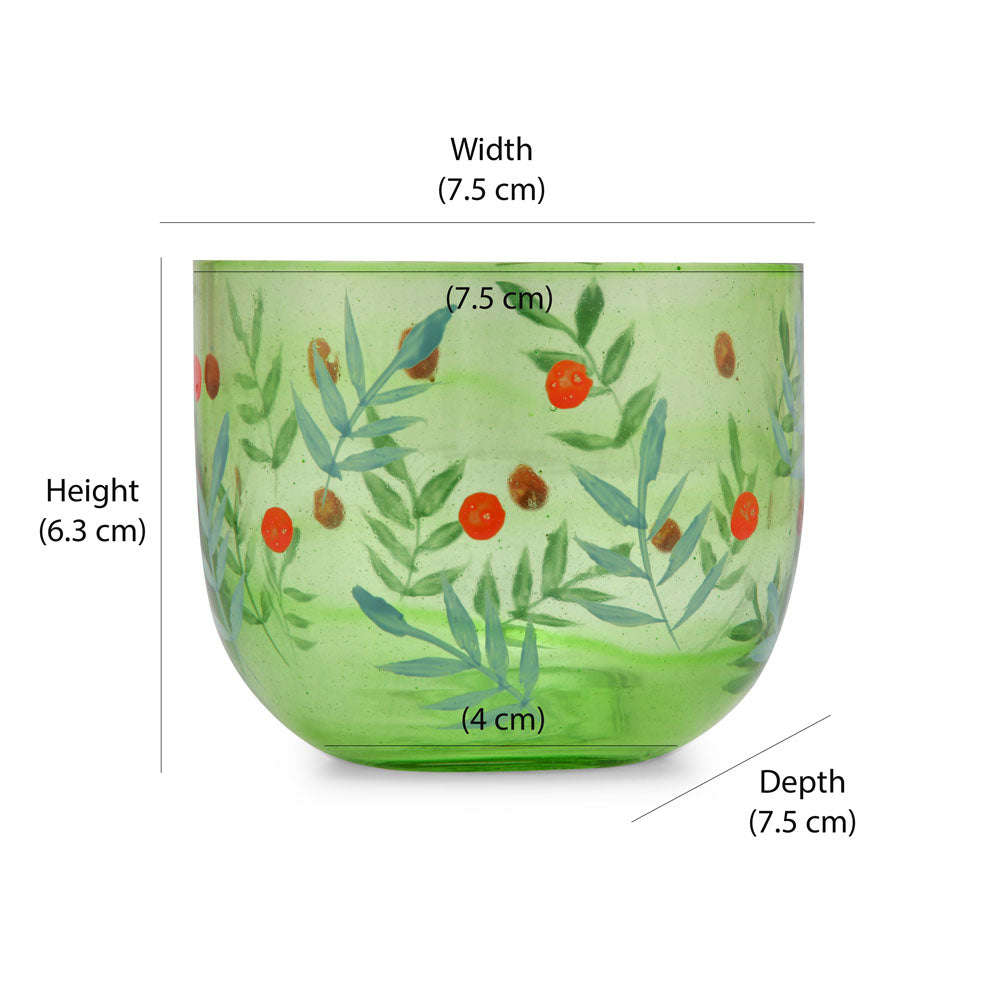 Hand-Painted Leaf Design Glass Votive Candle Holder- Green