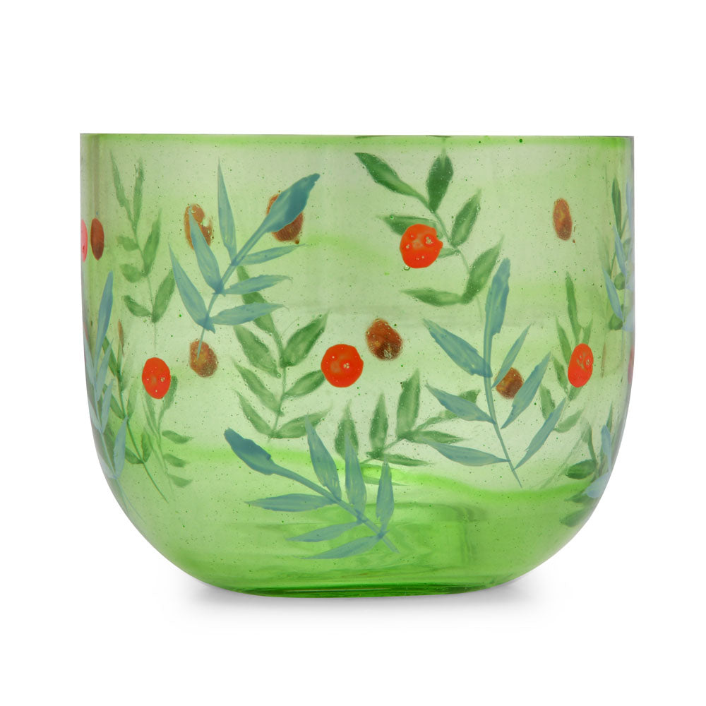 Hand-Painted Leaf Design Glass Votive Candle Holder- Green