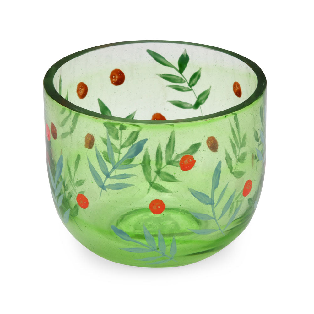 Hand-Painted Leaf Design Glass Votive Candle Holder- Green