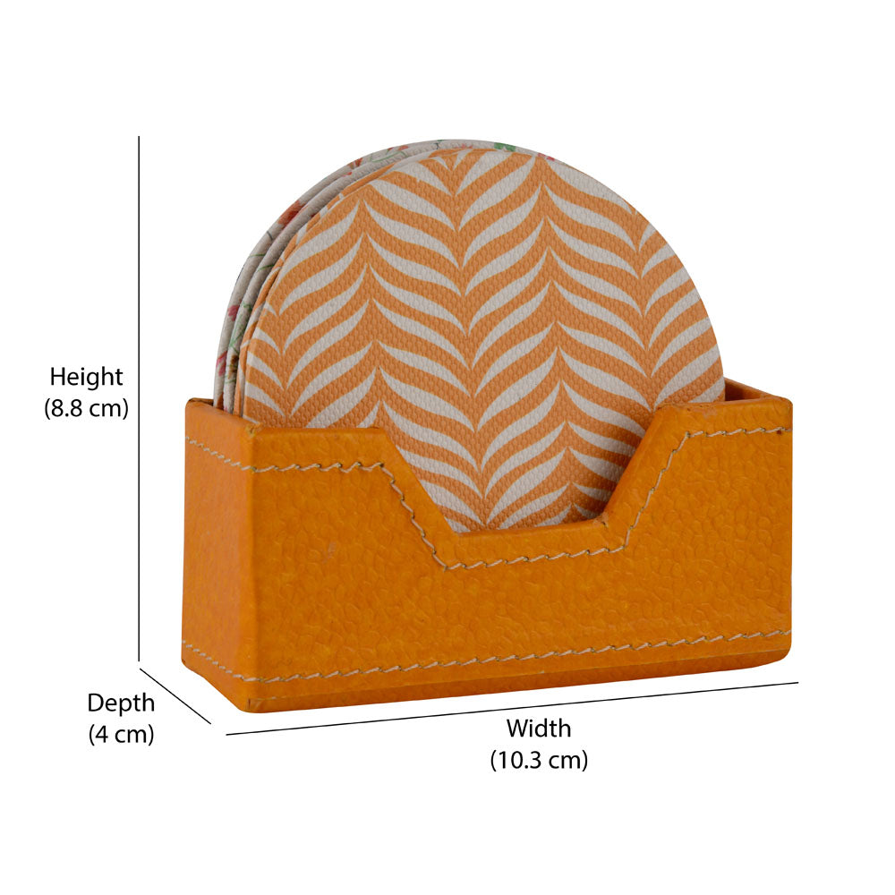 Leaf Design Round Shaped Coasters Set of 4 (Orange)