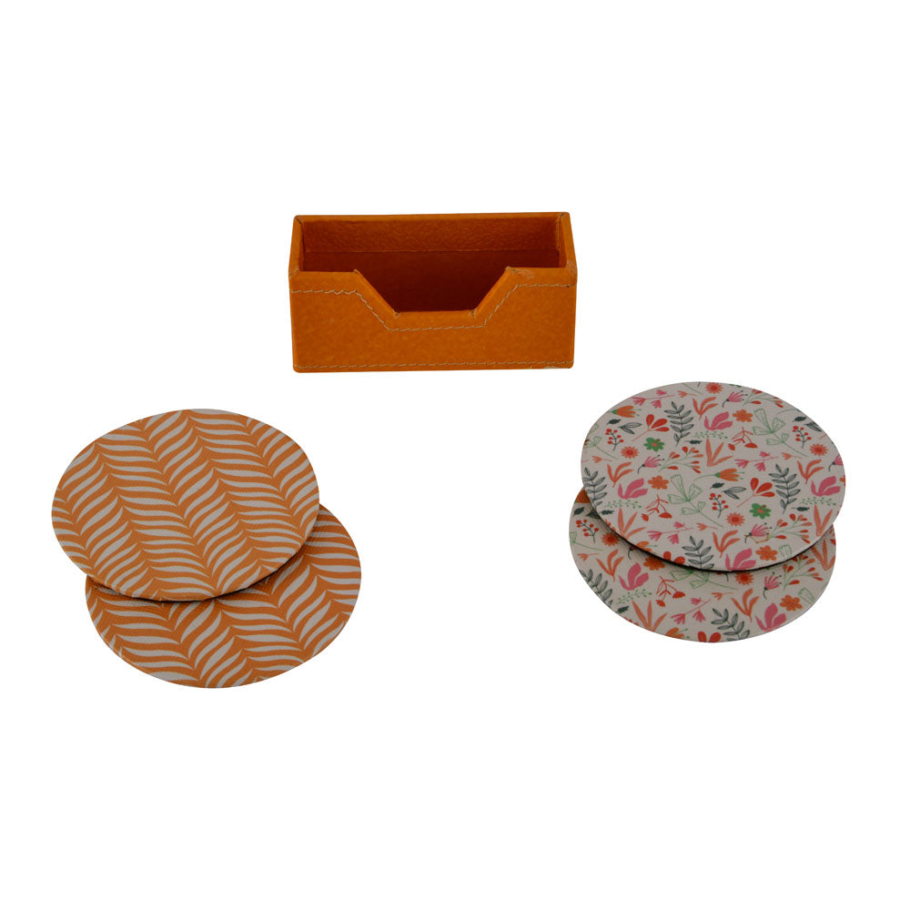 Leaf Design Round Shaped Coasters Set of 4 (Orange)