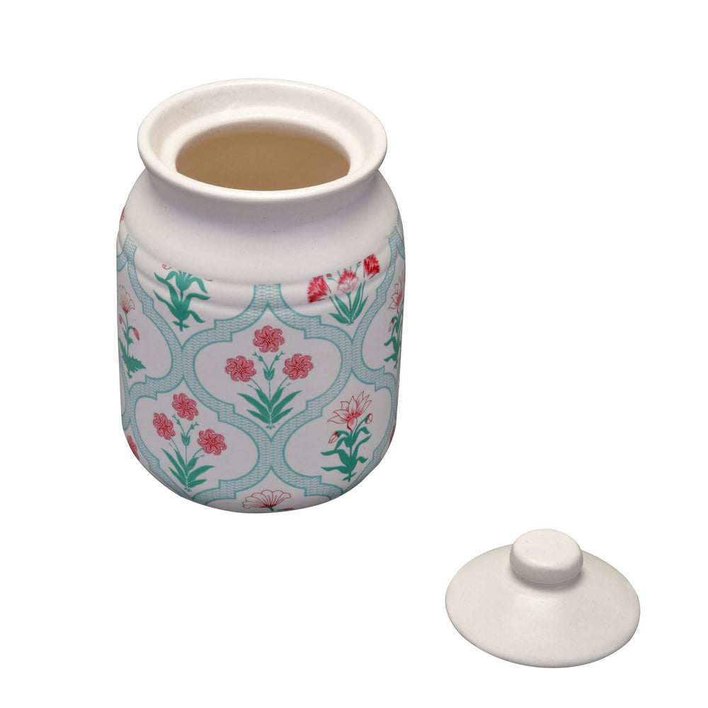 Floral 500 ml Stoneware Jar Container with Lid (Green)