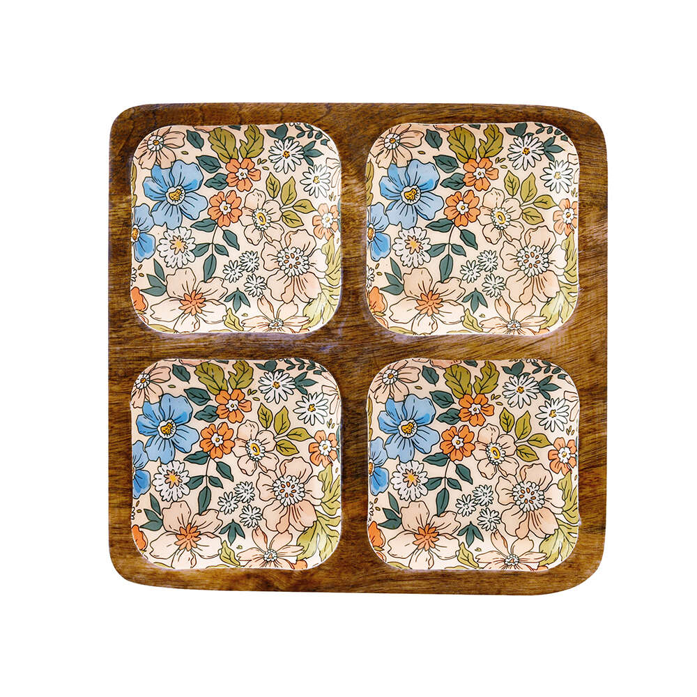 Four Partition Wooden Square Shape Serving Platter (Multicolor)