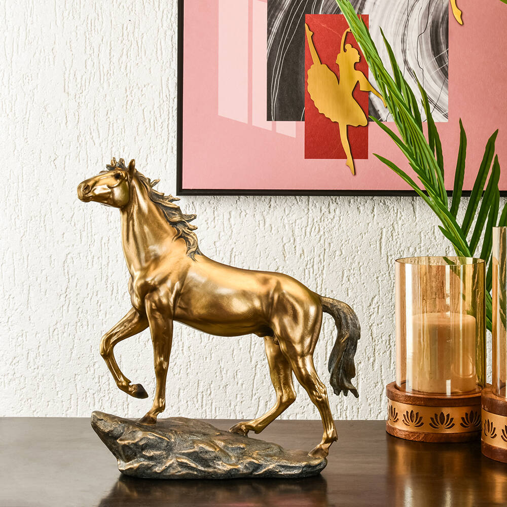 Buy Walking Horse Decorative Polyresin Showpiece (Grey & Gold