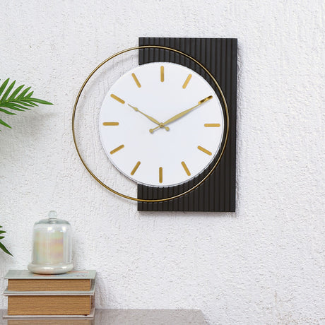 Nilkamal Rectangular Round Wooden And Metal Wall Clock Grey White