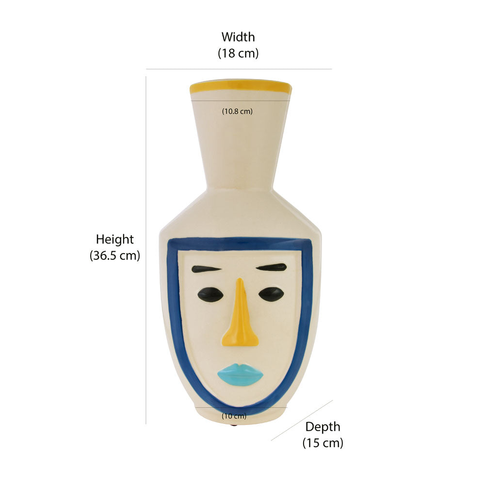 Decorative Girl Face Long Neck Ceramic Vase (Multicolor)