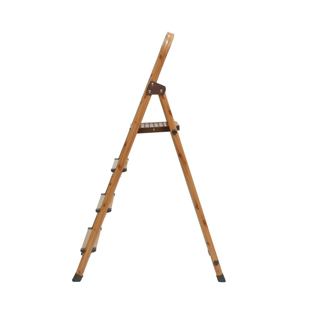 4 Steps Wooden Finished Foldable Aluminum Ladder- Brown
