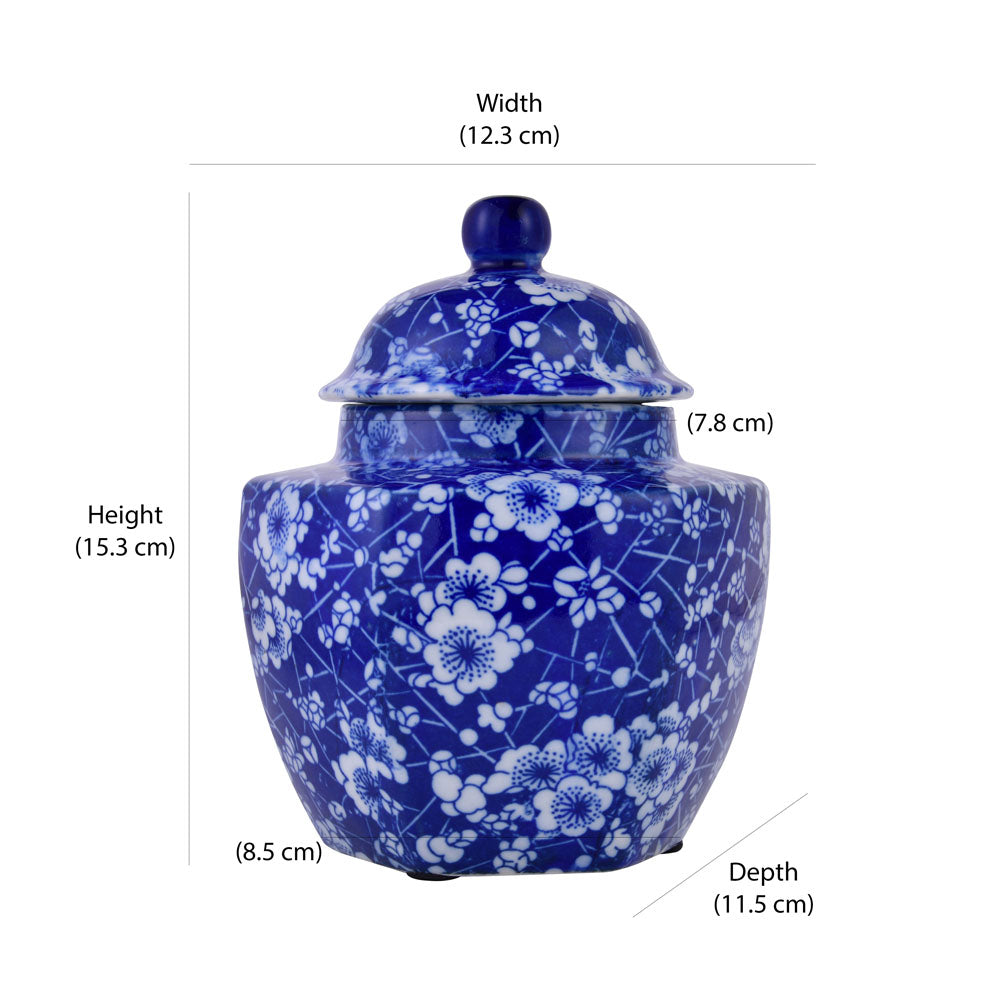 Decorative Hexagonal Porcelain Jar Vase with Lid (Blue & White)