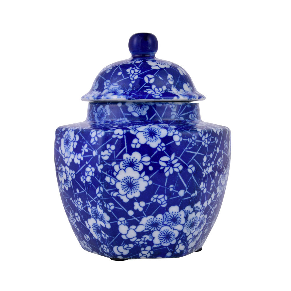 Decorative Hexagonal Porcelain Jar Vase with Lid (Blue & White)