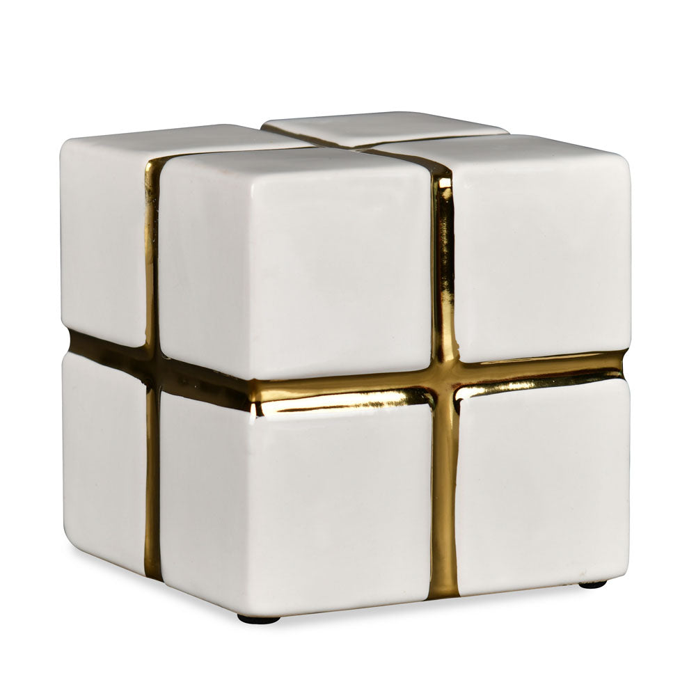 Decorative Ceramic Cube Showpiece (Large, White & Gold)