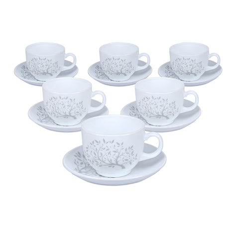 Arias by Lara Dutta Tree of Life Cup & Saucer Set of 12 (220 ml, 6 Cups & 6 Saucers, White)