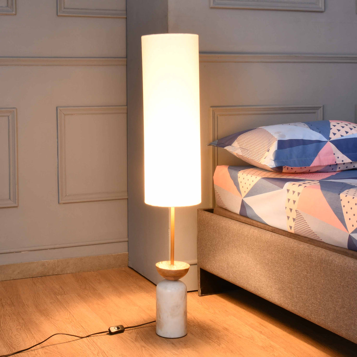 Nilkamal Hourglass Fabric Shade Marble Wooden Base Floor Lamp 110 5 Cm Brown White