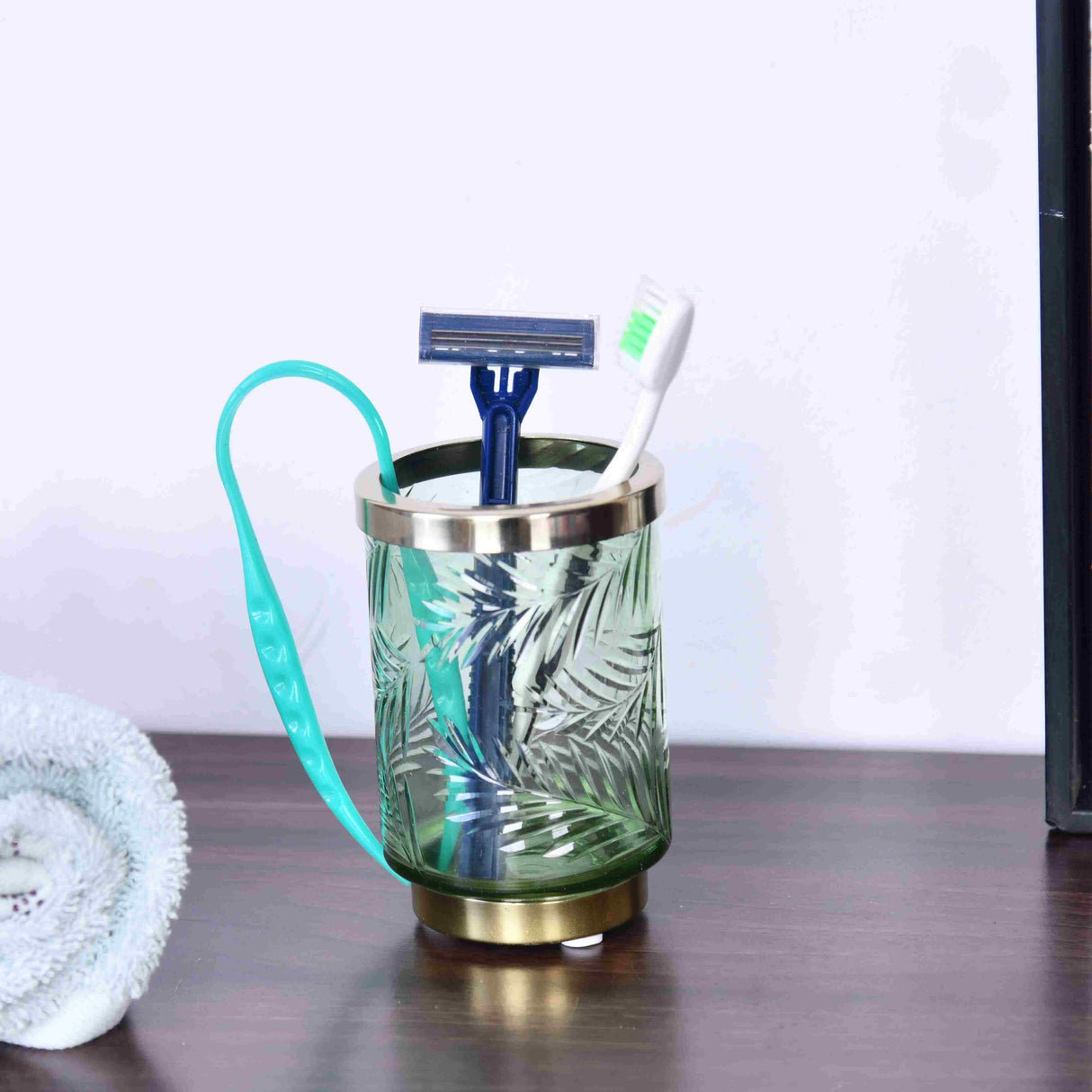 Nilkamal Transparent Glass Tumbler Toothbrush Holder (Green & Gold)