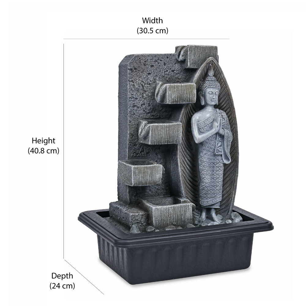 Standing Buddha Polyresin Table Top Decoratibe Water Fountain with LED Light- Grey and Black