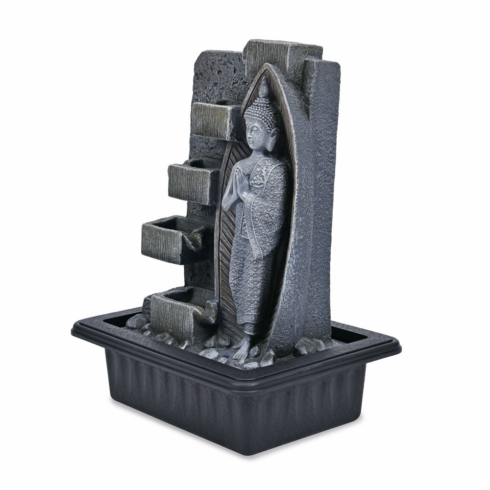 Standing Buddha Polyresin Table Top Decoratibe Water Fountain with LED Light- Grey and Black