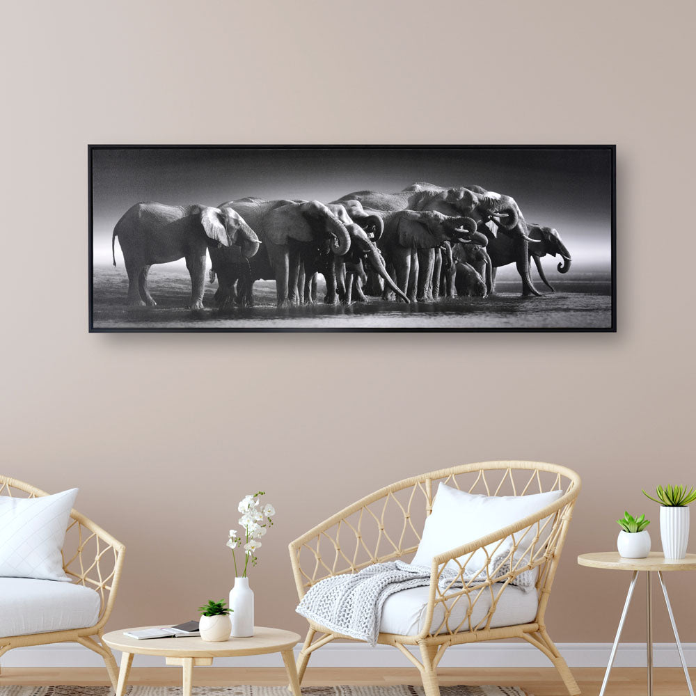 Elephant Herd Canvas Wall Painting (Black & White)