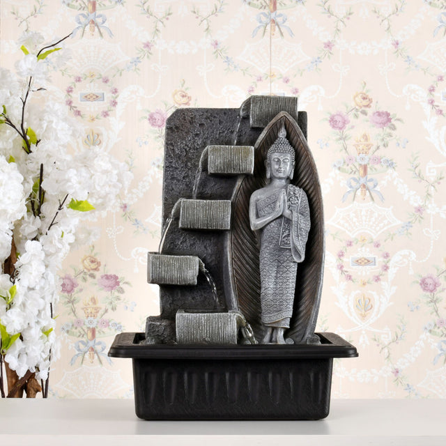 Nilkamal Standing Buddha Water Fountain With Led Light Grey Black