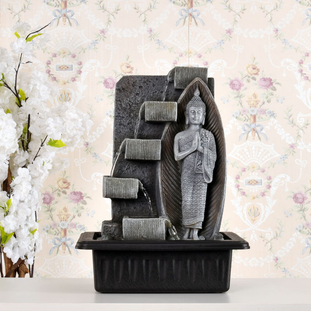 Standing Buddha Polyresin Table Top Decoratibe Water Fountain with LED Light- Grey and Black