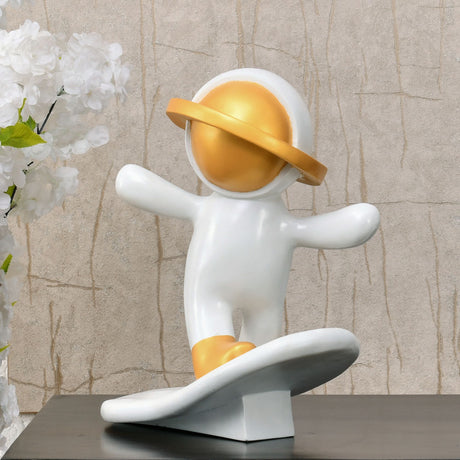 Nilkamal Astronaut On Skateboard Figurine Polyresin Showpiece (White & Gold)
