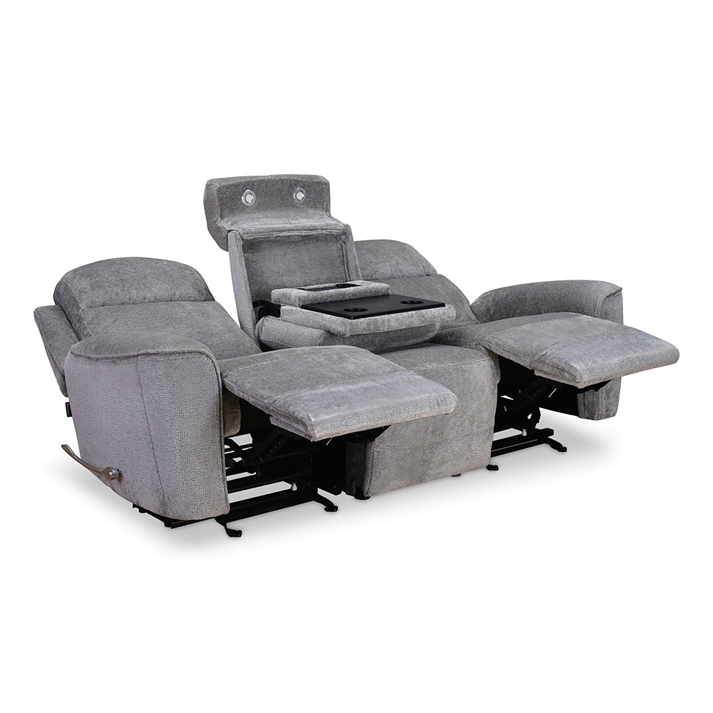 Favian 3 Seater Recliner Sofa With Dropdown Console- Grey
