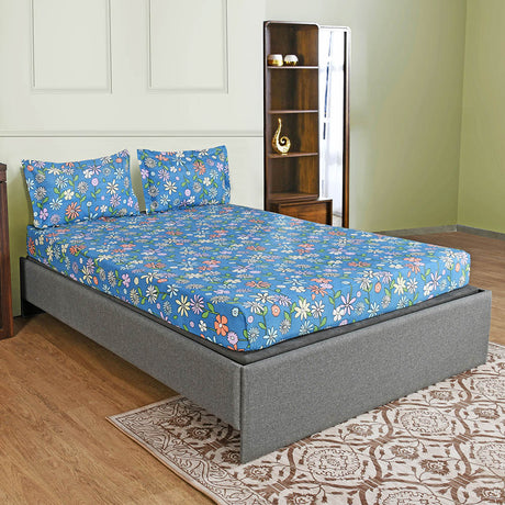 Nilkamal Aurora Floral Polyester Double Bedsheet with 2 Pillow Covers (Blue) - 02