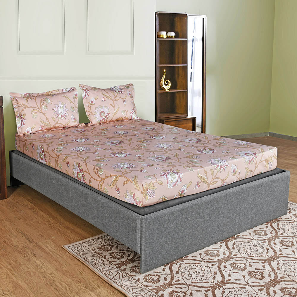Arias by Lara Dutta Floral Cotton King Bedsheet With 2 Pillow Covers (Peach)