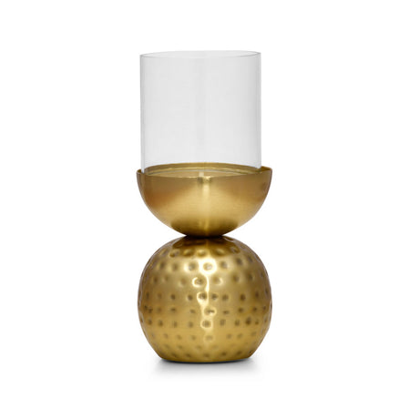 Decorative Round Hammered Base Metal & Glass Candle Holder (Gold)