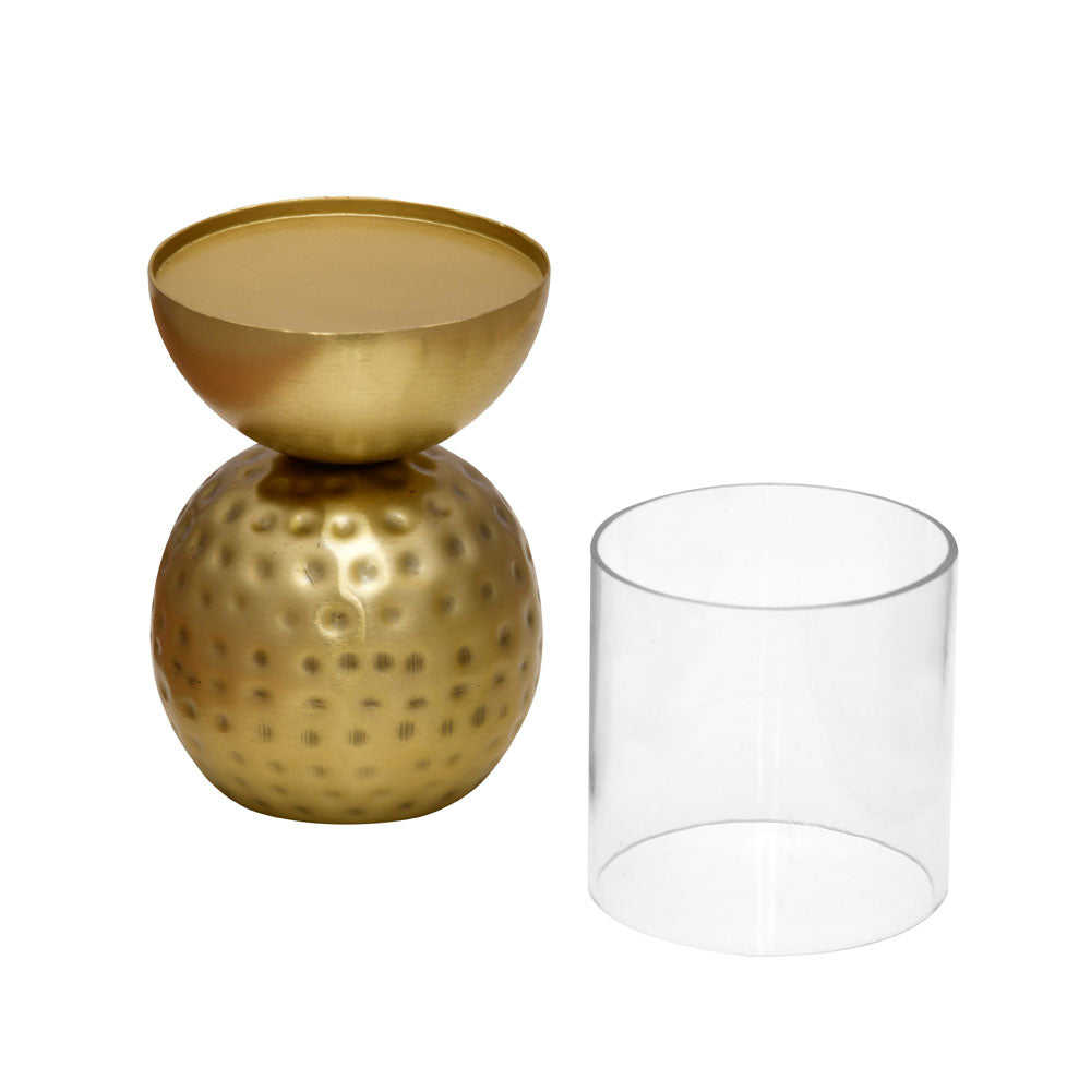 Decorative Round Hammered Base Metal & Glass Candle Holder (Gold)