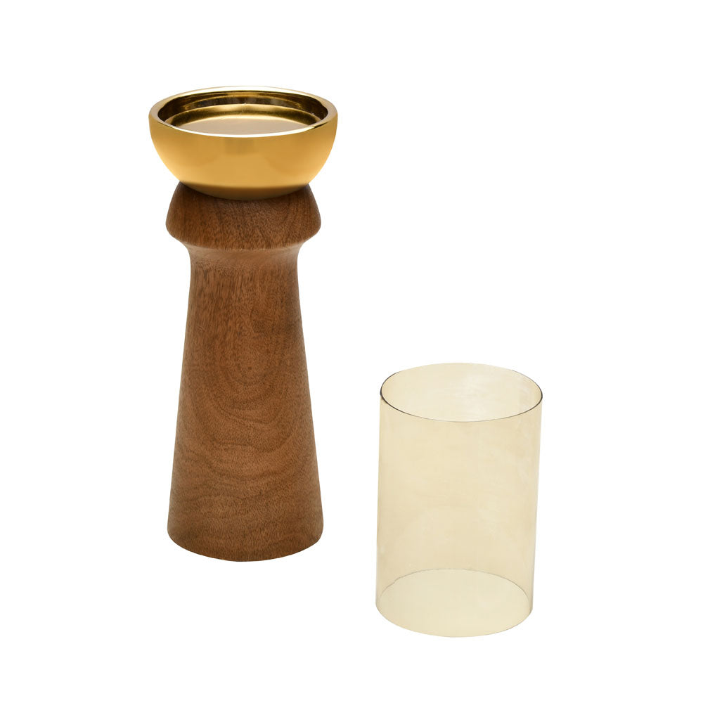 Decorative Dual Arch Wooden & Glass Candle Holder (Small, Gold & Brown)