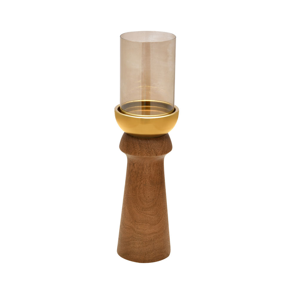Decorative Dual Arch Wooden & Glass Candle Holder (Small, Gold & Brown)