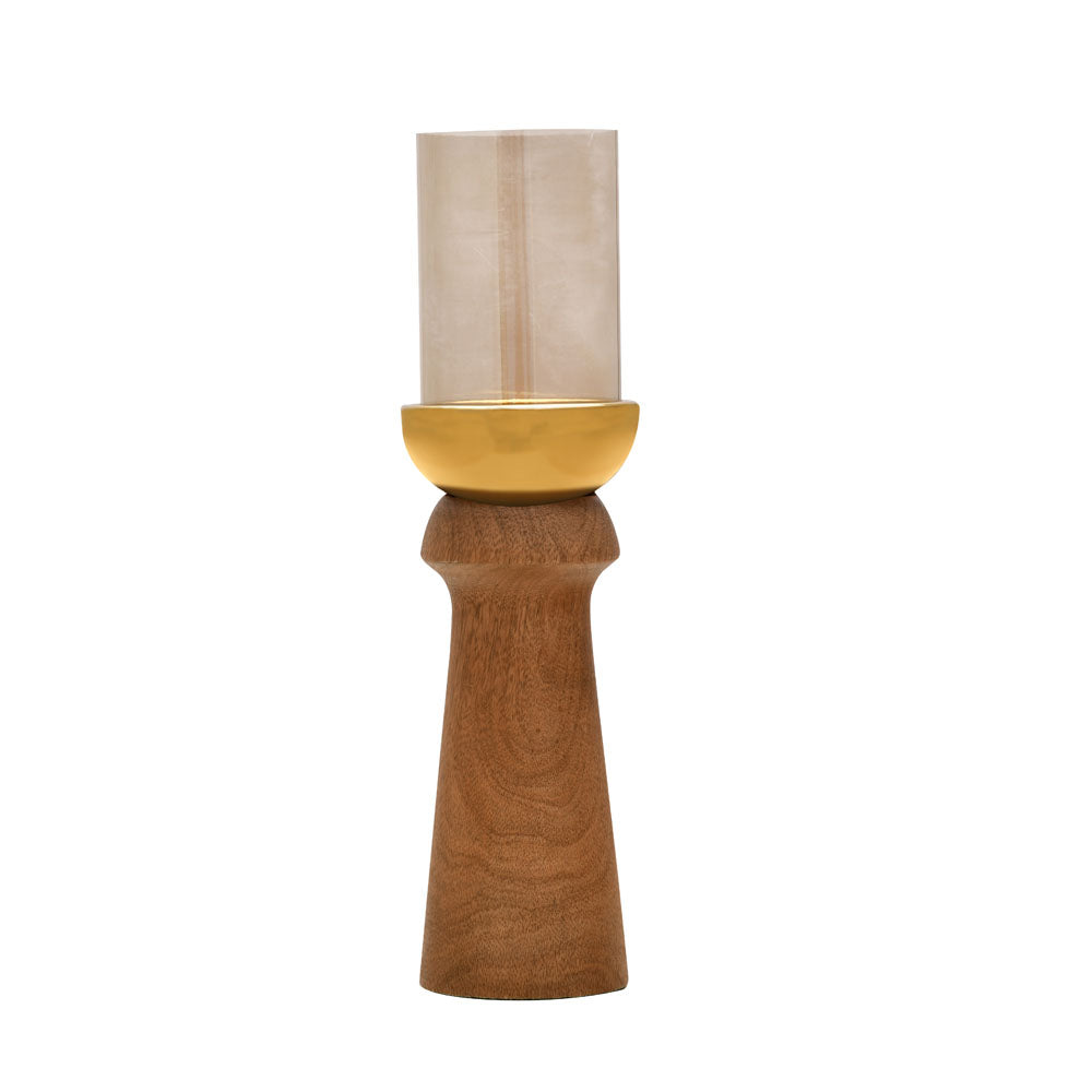 Decorative Dual Arch Wooden & Glass Candle Holder (Small, Gold & Brown)