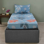Ammara Leaf Design Polyester Single Bedsheet with 1 Pillow Cover- Blue & Grey