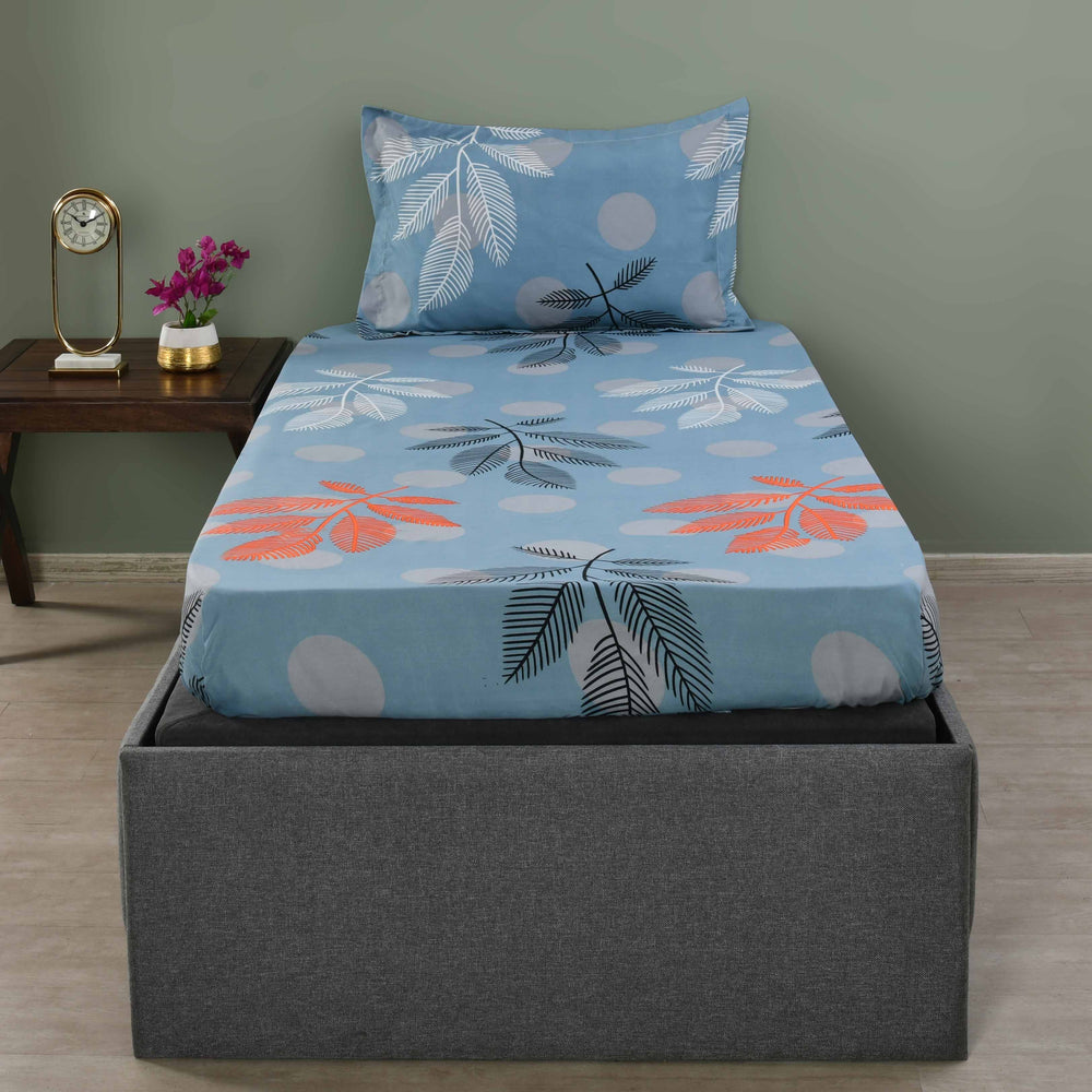 Ammara Leaf Design Polyester Single Bedsheet with 1 Pillow Cover- Blue & Grey