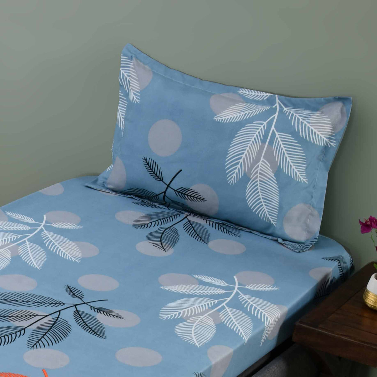 Ammara Leaf Design Polyester Single Bedsheet with 1 Pillow Cover- Blue & Grey