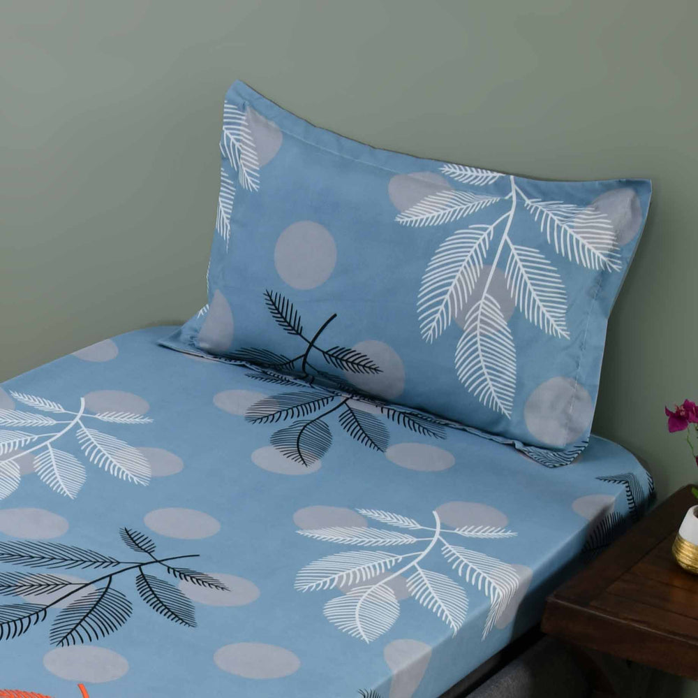 Ammara Leaf Design Polyester Single Bedsheet with 1 Pillow Cover- Blue & Grey