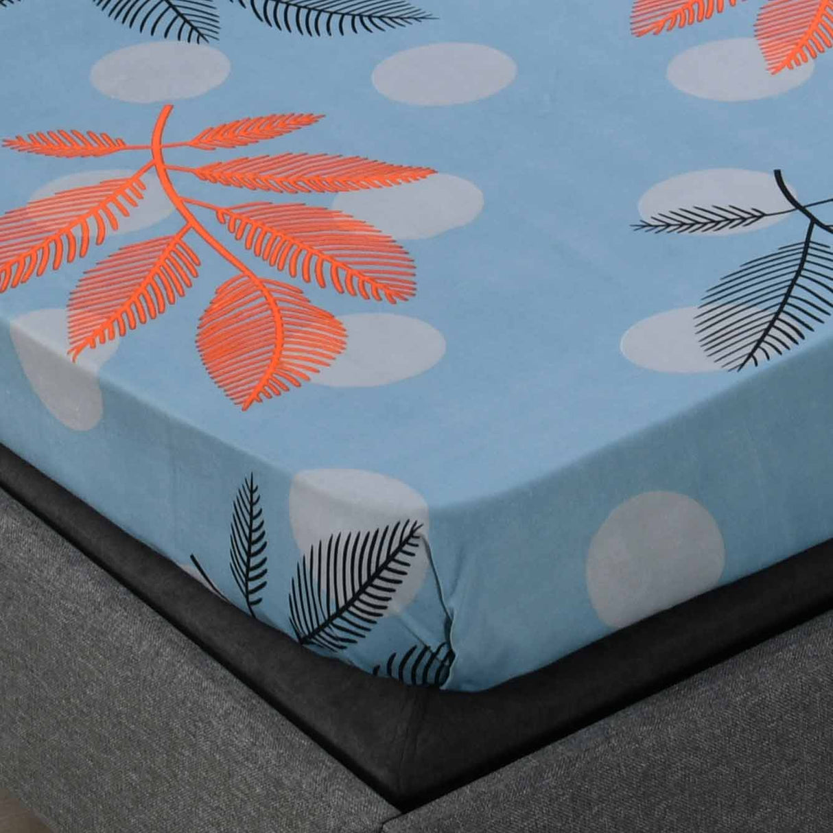 Ammara Leaf Design Polyester Single Bedsheet with 1 Pillow Cover- Blue & Grey