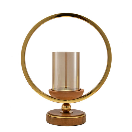 Decorative Circular Ring Wooden & Glass Candle Holder (Large, Gold & Brown)