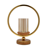 Decorative Circular Ring Wooden & Glass Candle Holder (Large, Gold & Brown)