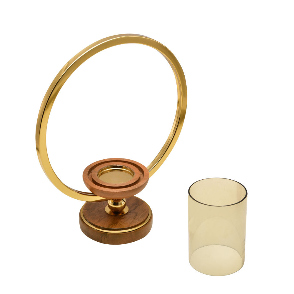 Decorative Circular Ring Wooden & Glass Candle Holder (Large, Gold & Brown)