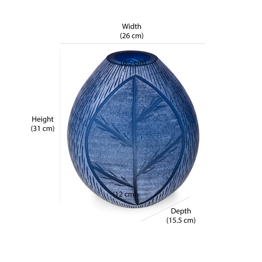 Decorative Leaf Etched Glass Vase Small- Blue