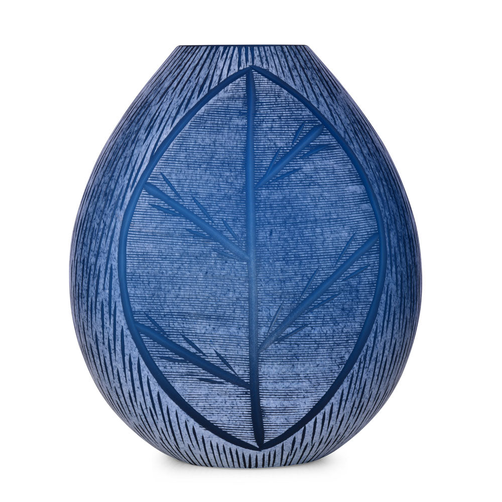Decorative Leaf Etched Glass Vase Small- Blue
