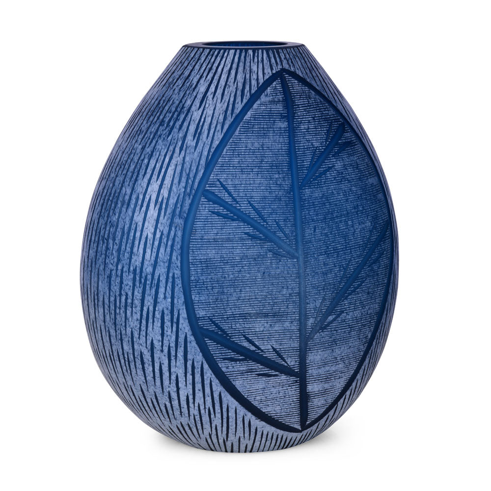 Decorative Leaf Etched Glass Vase Small- Blue
