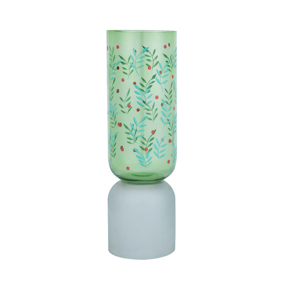 Hand-painted Dual Arch Leaf Design Large Glass Vase- Green