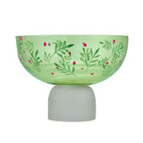 Hand-Painted Leaf Design Glass Urli Bowl With Base- Green