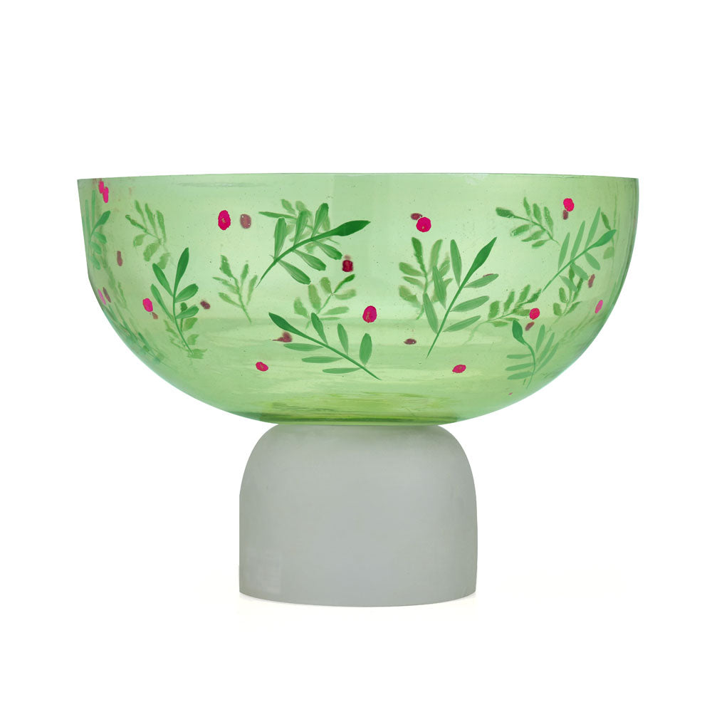 Hand-Painted Leaf Design Glass Urli Bowl With Base- Green